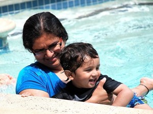 Padma Shenoy and her son, Shriram, 2, enjoy the swim lesson.