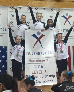 (l to r) Members of the Level 8 Junior Olympics Team from the Gymnastics Learning Center Sophia Croft, Rowen Sadlier, Alexa Ryan, Catherine Von Hausen, and Julia Forget Photo/submitted