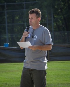 Jake's Father, Jim Boudreau, addresses participants, volunteers and spectators before the tournament.