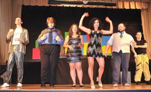 Performing “Saturday Night in the City” are “The Wedding Singer” cast members (l to r) Ryan Pound, Ron Vorce, Tessa Newell, Laura Gulli, Dan Monopoli and Danny Hutchins.