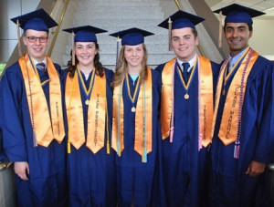 Gathered before the graduation ceremony are the class officers: (l to r) Maxim Petrovsky, president; Taylor O’Connor, vice president; Grace Rocco, secretary; Ryan Beals, treasurer; and Chirag Ganesa, marshal. 