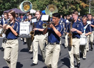 The Shrewsbury High School Marching Band brings music to the parade route.
