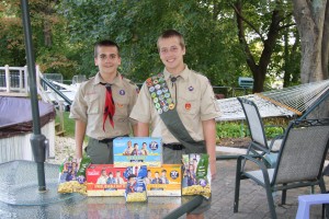 J.J. Hannaford (left) and Thomas Bodden of Shrewsbury Troop 158 raise money for their troop by participating in the annual popcorn fundraiser. (Photo/Molly McCarthy)