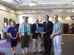 (l to r) Jennifer Micarelli-Webb, drama teacher at Oak Middle and High schools; Bonnie Narcisi director of the Music and Theatre Department of Shrewsbury Schools; George Smith, SSMA board member; David L'Ecuyer, president/CEO of Central One; and John Geremia, SSMA president. (Photo/submitted)