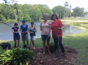  (l to r)  Deb Burgess, Ann Cairns, Margie White, Kerry Tylicki, and Peggy Quil, of the Shrewsbury Social Club, maintain a garden bed at Dean Park.  Photo/submitted  