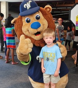 Jake the Lion, the mascot of the Worcester Bravehearts baseball team, wishes Brian Healy a happy 4th birthday.