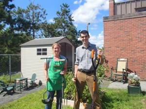Diana Karas of the Shrewsbury Garden Club and Reference Librarian Walker Evans show off a few of the garden tools available for checkout.(Photo/submitted)