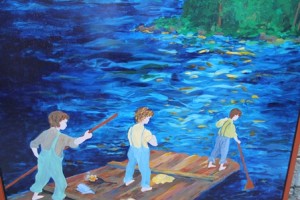 Tom Sawyer and friends rafting on the Mississippi by Cynthia Staub