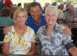 Christine White (left) and Barbara Cotoia (right) both of Shrewsbury, pose for a photo with Worcester County Sheriff Lew Evangelidis at the Sheriff's Senior Picnic.  Photo/courtesy Sheriff's office  