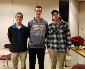 (l to r) Algonquin Regional boys varsity ice hockey senior captains Kevin Reale, Nate Anderson, and John Paterson. Photo/John Orrell