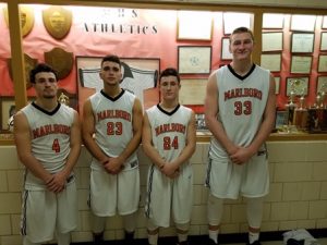 Marlborough High boys’ varsity basketball team captains (l to r) Owen Cappadona, Joao Mendes, Connor McCabe and Chris Doherty Photo/John Orrell 