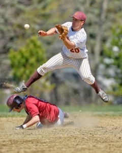 Kevin Brown makes a leaping catch during his senior year at Algonquin Regional High School. Photo/Chris Wraight
