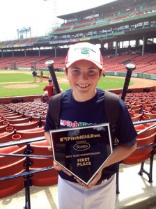 Jeff Lamothe with his first place Pitch, Hit and Run Award at Fenway Park. (Photos/submitted)