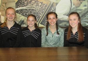 Gymnasts Lizzie Meschisen, Madison Bromm, Sophia Harper and Mary Faletra will compete at the Xcel Regional Championships May 21-22. Photo/submitted 
