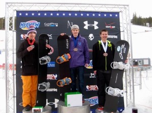 Mikey LaCroix, 15, (far right) who competes out of Ski Ward in Shrewsbury, poses for a photo after winning third place in boardercross in the United States of America Snowboard and Freeski Association National Championship. (Photo/submitted)