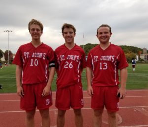 St. John's High School boys' varsity soccer senior captains (l to r) Kyle Archambault, Tim Smith and Kevin Schwalm. Photo/John Orrell