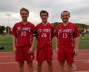 St. John's High School boys' varsity soccer senior captains (l to r) Kyle Archambault, Tim Smith and Kevin Schwalm. Photo/John Orrell