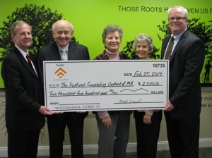 (l to r): Jimmie Ames, assistant vice president and market manager, Avidia Bank; Millard B. Berryman, president and CEO for DA-MAR Biological, Inc.; Mary Taber, spiritual director,  L.C.S.W., Pastoral Counseling Centers of MA; Cam Sowa, president and chair of the board of directors of Pastoral Counseling Centers of MA; and Mark R. O