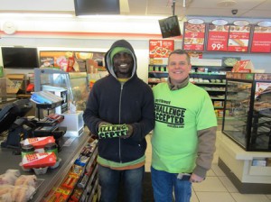 Anthony Monger (l) gets his breakfast paid for at the 7-11, thanks to Kaiser and Central One. 