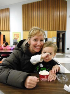 Laurine Hanlon and her son, Rian, 2, enjoy Cold Stone ice cream during the book fair. 