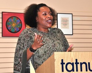 Zorina Frey recites her poetry at the new Literary Arts Open Mic Night at Tatnuck Bookseller. Photo/Ed Karvoski Jr. 