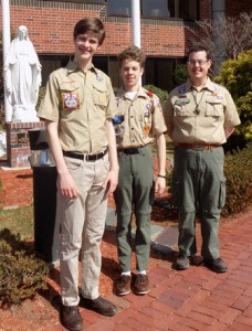 (l to r) Scouts Olivier Whelan and Isaac Niedzielski with Pius XII Award counselor Joshua Paulin, at the Boston Archdiocesan Pastoral Center in Braintree. (Photos/submitted)