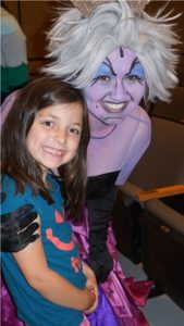 Molly Chace (l) meets “Ursula,” (Helena Spofford) after a recent production of SkyRise Theater’s “Little Mermaid.” Both girls are from Westborough. Photo/submitted 