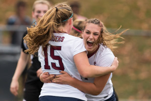 Westborough’s Carly Flahive (#15) is congratulated by teammate Olivia Harwood after scoring Westborough’s first goal.