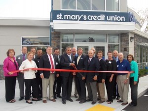 St.  Mary's Credit Union officials gather with town and community business leaders to celebrate the grand opening of the credit union's new Westborough branch. Photo/Bonnie Adams