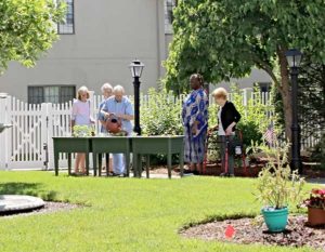 Westborough Garden Club members work on the outdoor garden at Whitney Place