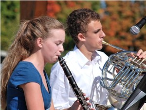 Playing with the Westborough High School Woodward Quintet are Hannah Schur, a senior, on clarinet, and Ben Feldman, a sophomore, on French horn. 