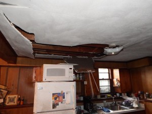 Part of the ceiling fell from the explosion. 