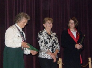 (l to r) At a recent ceremony, Marilyn Lyle, Westborough Girl Scouts recognitions chair, recognized Pam Jernberg from E.L. Harvey and Sons, and Maureen Ambrosino, director of the Westborough Public Library, for their participation with the Girl Scouts. (Photo/submitted)