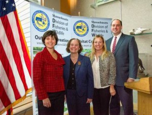 (l to r) Representative Carolyn Dykama (D-Holliston), Energy and Environmental Secretary Maeve Vallely Bartlett, Representative Danielle Gregoire (D-Marlborough) and Senator Jamie Eldridge (D-Acton) at the grand opening of the Department of Fish and Game Westborough Field Headquarters