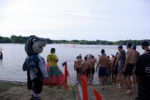 Finz, the mascot of the Worcester Sharks, greets those participating in the swim portion of the 2012 triathlon 