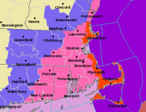  Orange is Blizzard Warning, pink is Winter Storm Warning and purple off the coast is a Storm Warning..
