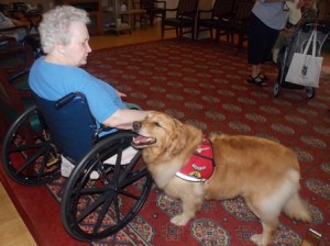 A resident at the Salmon Health and Retirement complex in Westborough pats Cassie.  Photo/Bonnie Adams
