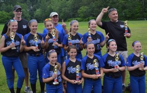 The Marlborough Thunder are the Father's Day tournament champions. They are: (front row l-r) Chloe Beland, Katie Holly, Maggie Appel, Mia McAuliffe, and Natalie Bishop;  (back row l-r) Kayleigh Travins, Emma Hopfmann, Caitlyn McCarthy, Rachel Raymond, and Carrington Leclerc. Coaches are assistants John McAuliffe and John Raymond and Head Coach Billy Bishop. Photo/submitted 