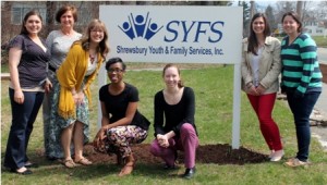  (l to r) SYFS graduate level interns Lauren Kisiel, Catherine Mills, Amy Alves, Marguerite Pierre, Meghan Wood, Amanda Thomas, and Samantha VanRiper coordinated a volunteer project to paint the SYFS hallway and office.  Photo/Rebecca Kensil  